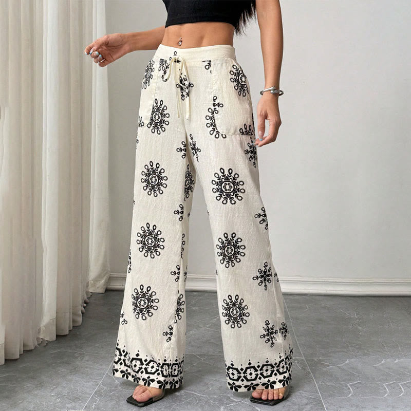 Pantalon Olivenorma pour femme, coupe ample, imprimé, jambes larges, taille élastique, confortable et élégant - Blanc cassé - XL - image 0