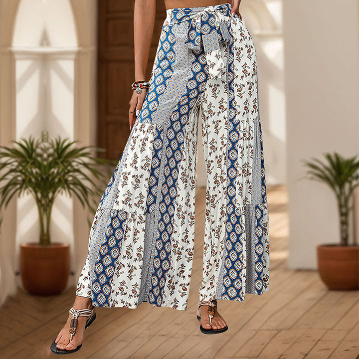 Pantalon de vacances Olivenorma été à motif floral géométrique et jambes larges - Bleu - XL - image 6