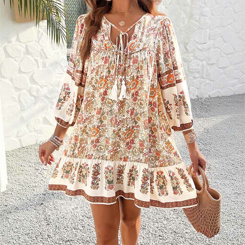 Robe d'été Olivenorma bohème à col en V et imprimé en coton - image 3