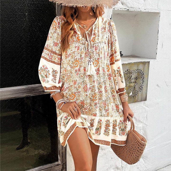 Robe d'été Olivenorma bohème à col en V et imprimé en coton - image 4