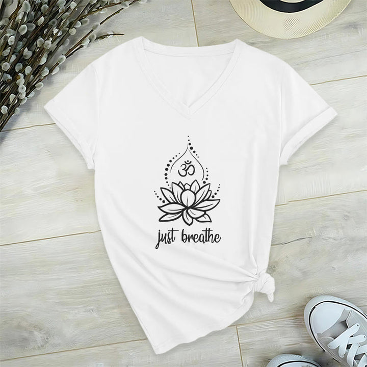 T-shirt Olivenorma « Just Breathe » pour méditation et yoga, col en V - Blanc - 2XL - image 0