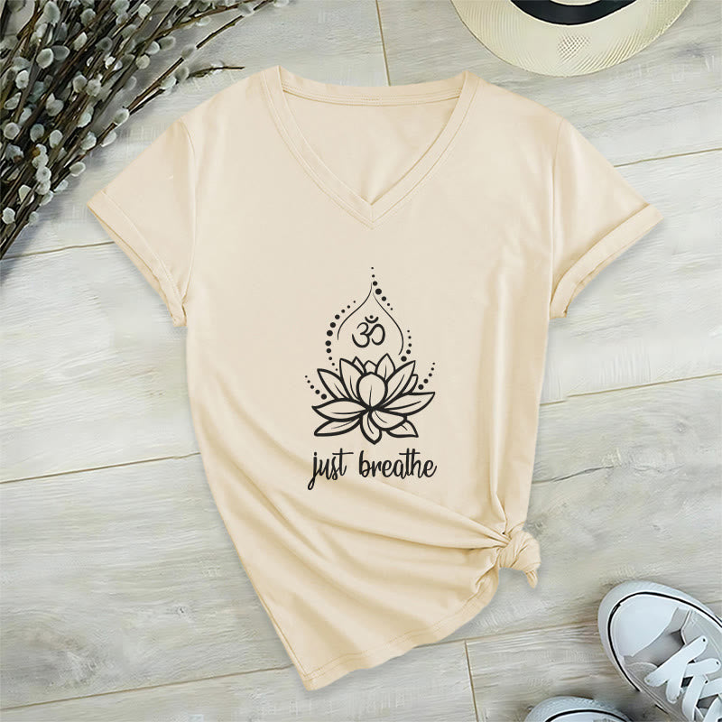 T-shirt Olivenorma « Just Breathe » pour méditation et yoga, col en V - Kaki - 2XL - image 20