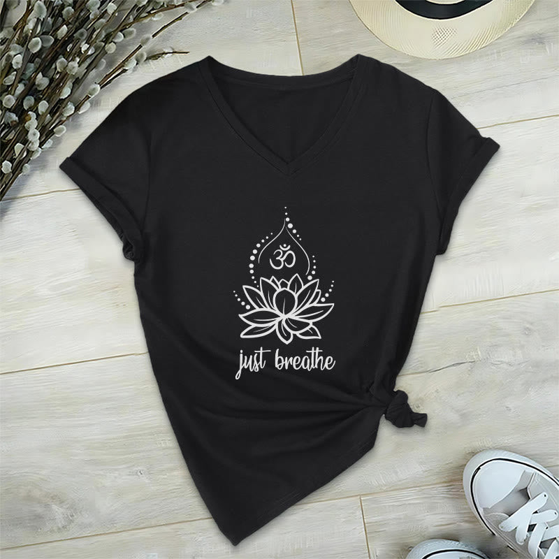 T-shirt Olivenorma « Just Breathe » pour méditation et yoga, col en V - Noir - 2XL - image 10