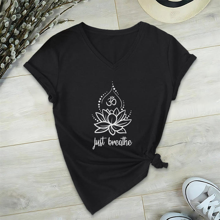 T-shirt Olivenorma « Just Breathe » pour méditation et yoga, col en V - Noir - 2XL - image 10