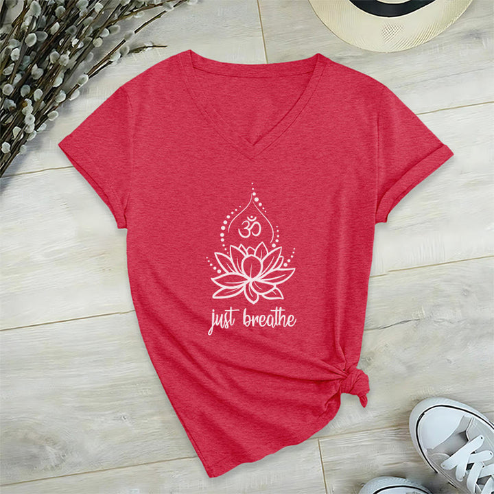 T-shirt Olivenorma « Just Breathe » pour méditation et yoga, col en V - Rouge - 2XL - image 12