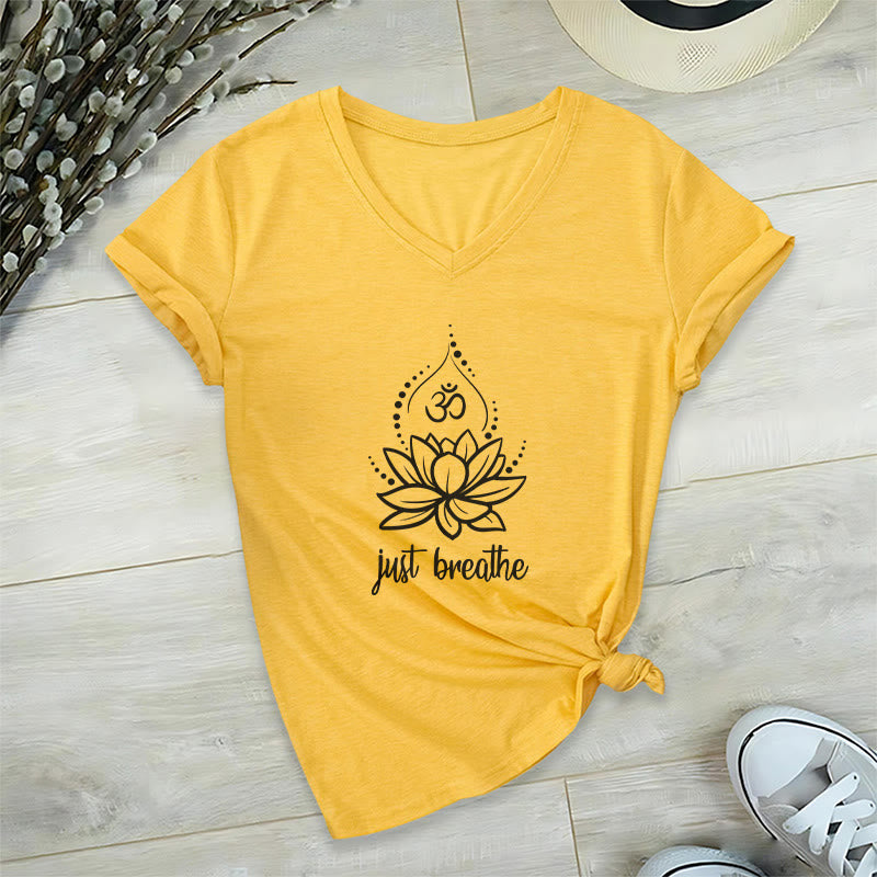 T-shirt Olivenorma « Just Breathe » pour méditation et yoga, col en V - Jaune - 2XL - image 14