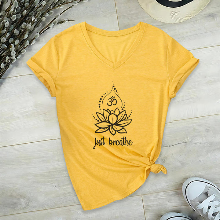 T-shirt Olivenorma « Just Breathe » pour méditation et yoga, col en V - Jaune - 2XL - image 14