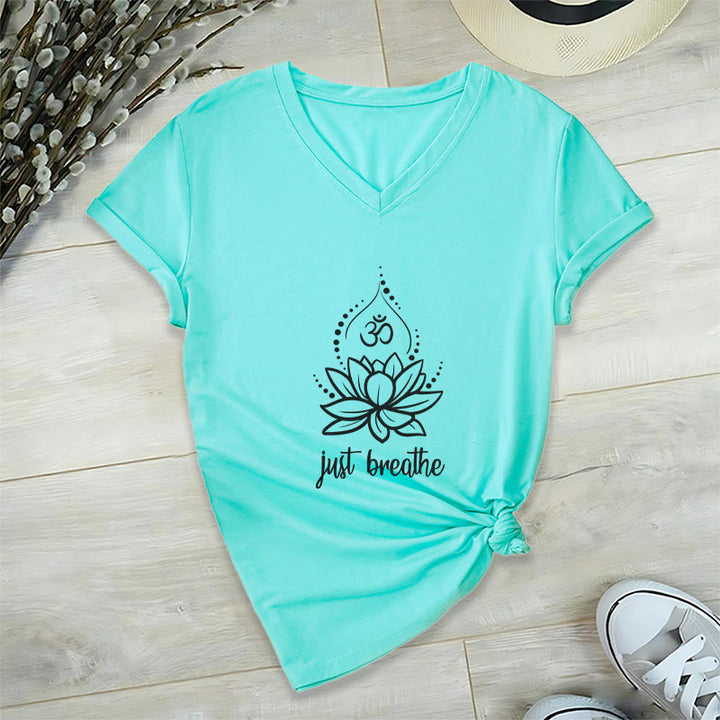 T-shirt Olivenorma « Just Breathe » pour méditation et yoga, col en V - Lac Bleu - 2XL - image 22