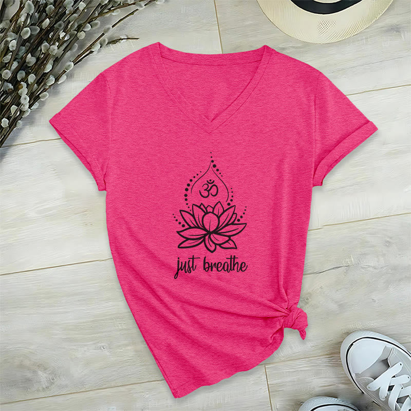 T-shirt Olivenorma « Just Breathe » pour méditation et yoga, col en V - Rose rouge - 2XL - image 18