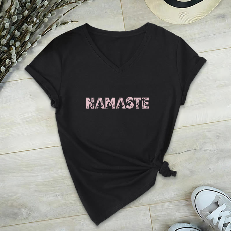 Olivenorma Yoga minimaliste Namaste Pose T-shirt col V - Noir - 2XL - image 0