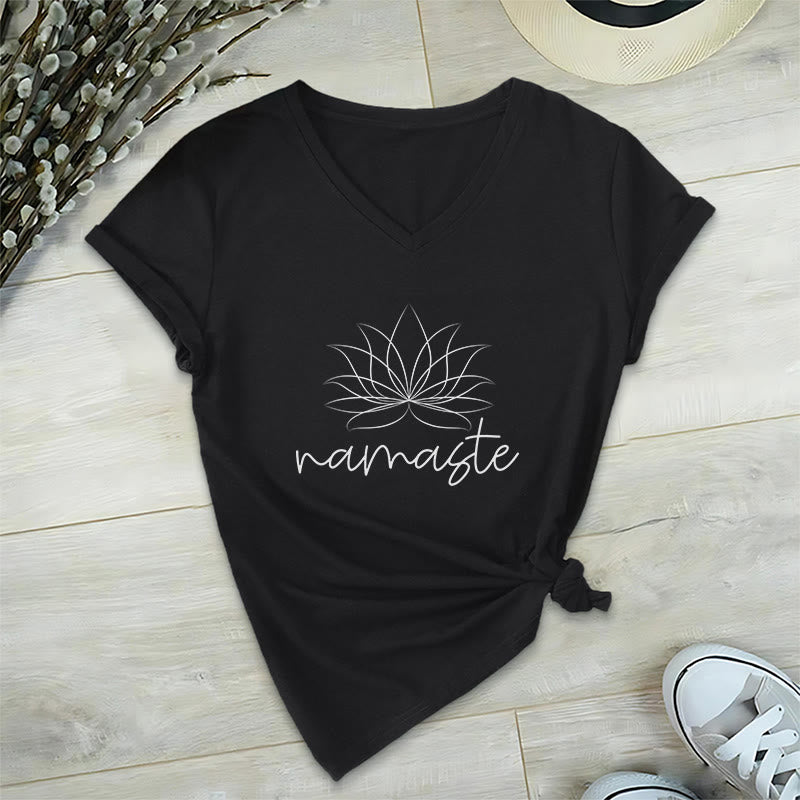 Olivenorma Yoga Méditation Namaste T-shirt col V - Noir - 2XL - image 2