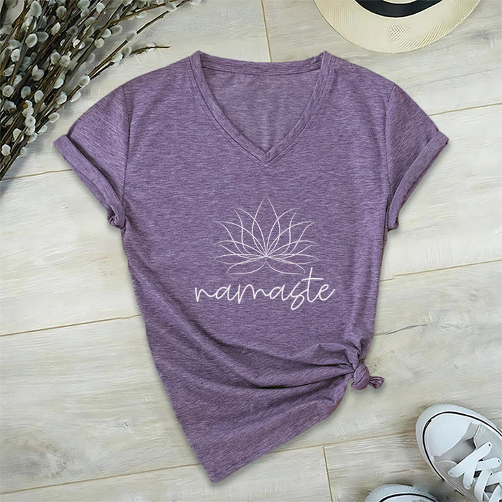 Olivenorma Yoga Méditation Namaste T-shirt col V - Violet - 2XL - image 24