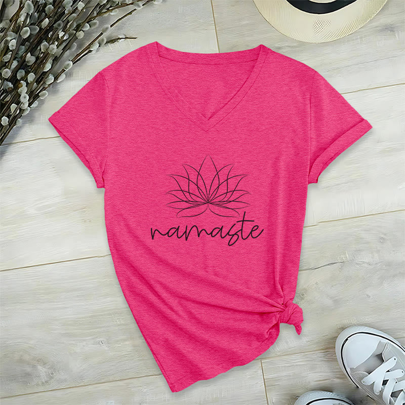 Olivenorma Yoga Méditation Namaste T-shirt col V - Rose rouge - 2XL - image 20