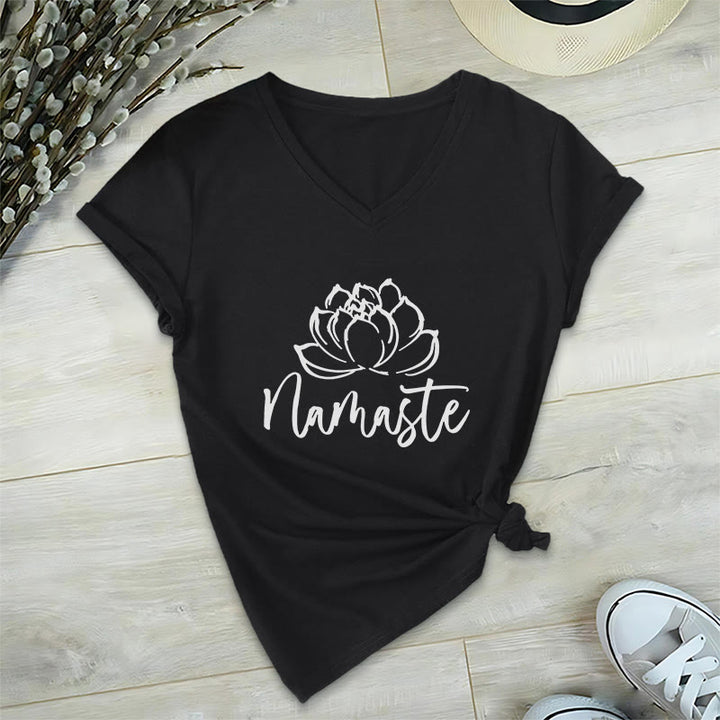 Olivenorma Lotus Yoga Méditation Namaste T-shirt col V - Noir - 2XL - image 4