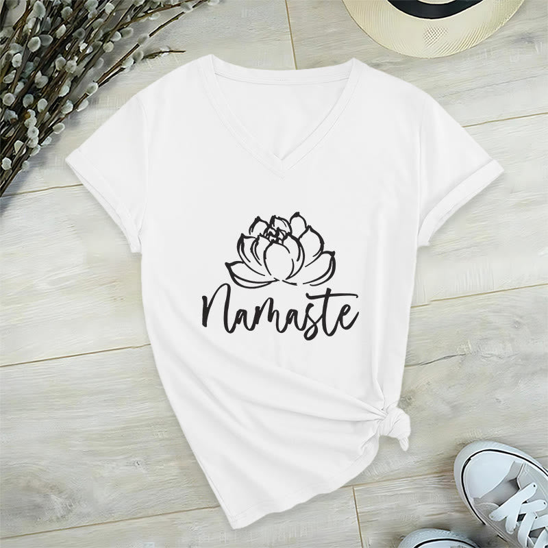 Olivenorma Lotus Yoga Méditation Namaste T-shirt col V - Blanc - 2XL - image 10