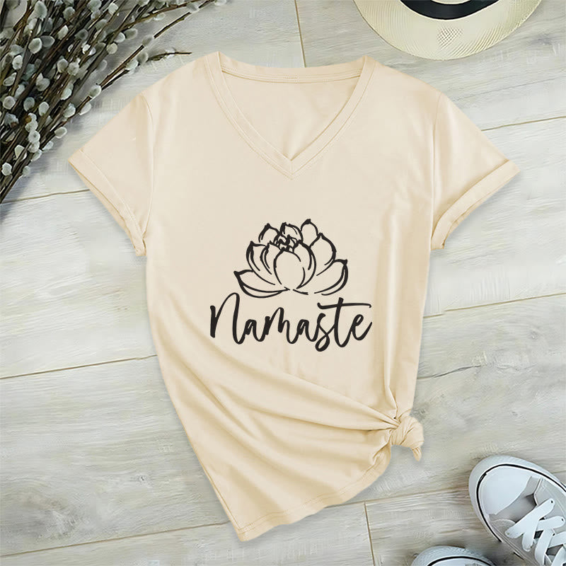 Olivenorma Lotus Yoga Méditation Namaste T-shirt col V - Kaki - 2XL - image 8