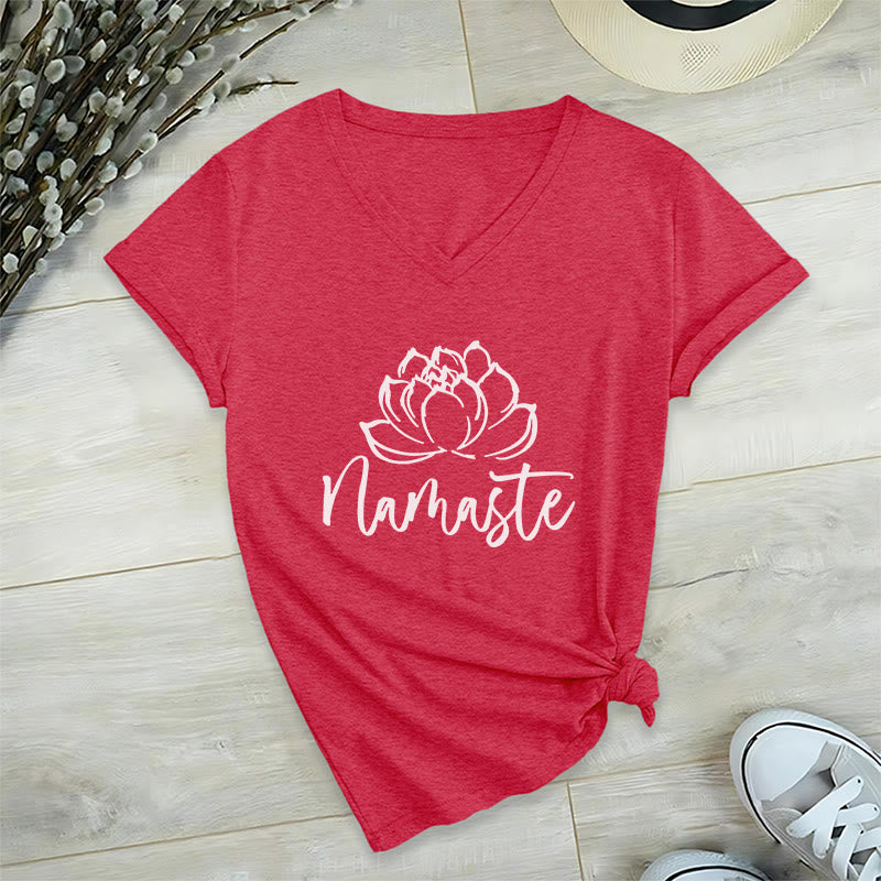 Olivenorma Lotus Yoga Méditation Namaste T-shirt col V - Rouge - 2XL - image 18