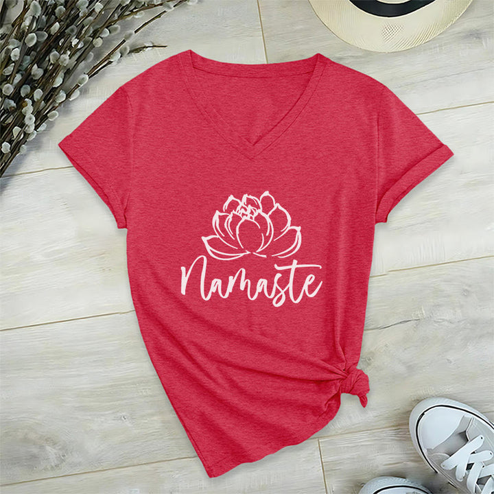 Olivenorma Lotus Yoga Méditation Namaste T-shirt col V - Rouge - 2XL - image 18