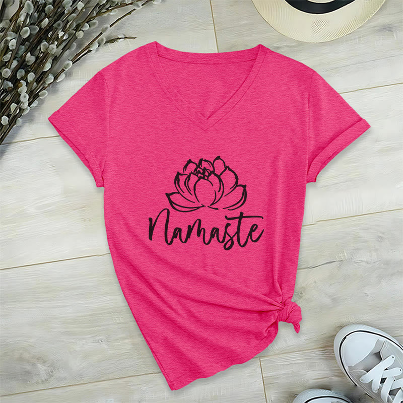 Olivenorma Lotus Yoga Méditation Namaste T-shirt col V - Rose rouge - 2XL - image 22