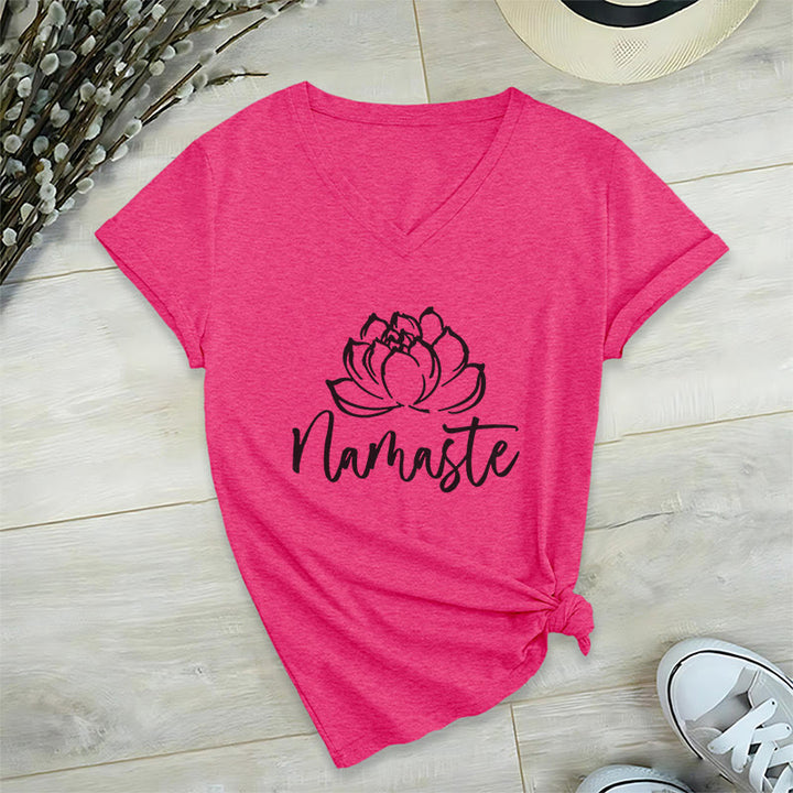 Olivenorma Lotus Yoga Méditation Namaste T-shirt col V - Rose rouge - 2XL - image 22