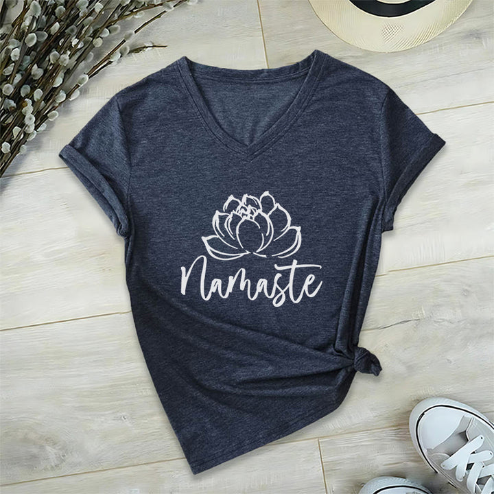 Olivenorma Lotus Yoga Méditation Namaste T-shirt col V - Bleu marine - 2XL - image 12