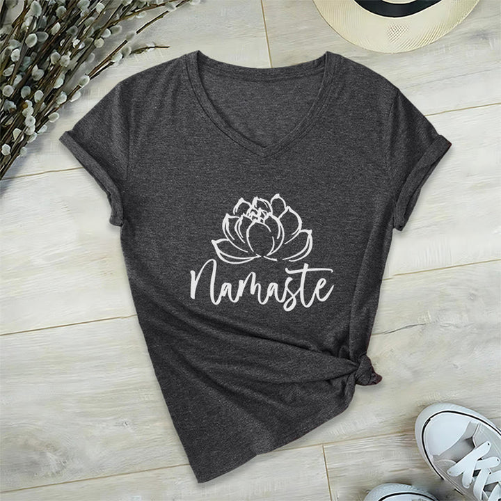 Olivenorma Lotus Yoga Méditation Namaste T-shirt col V - Gris - 2XL - image 6
