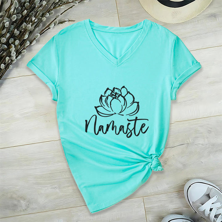 Olivenorma Lotus Yoga Méditation Namaste T-shirt col V - Lac Bleu - 2XL - image 0