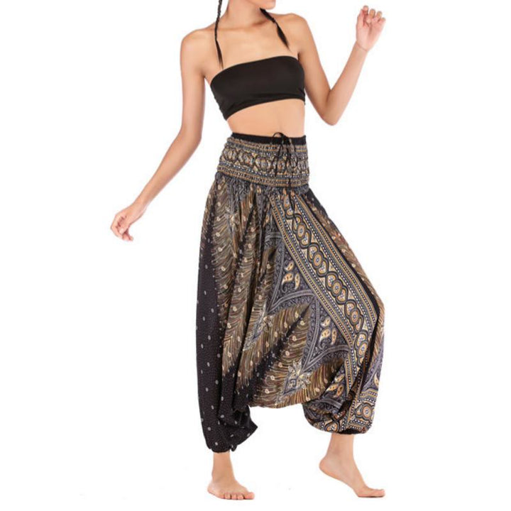 Pantalon de yoga bohème à entrejambe basse pour femme Olivenorma - Paon Noir - image 0