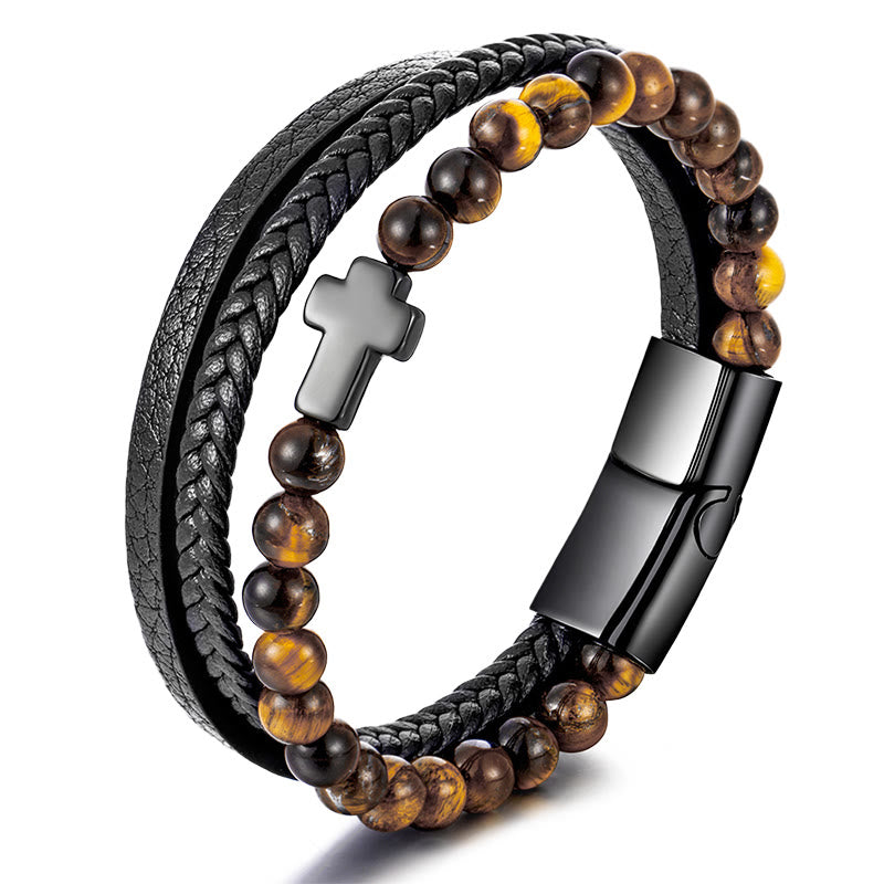 Bracelet en cuir tressé en acier inoxydable avec croix en œil de tigre Olivenorma - Oeil de tigre et croix noire argentée - image 5