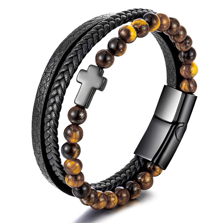Bracelet en cuir tressé en acier inoxydable avec croix en œil de tigre Olivenorma - Oeil de tigre et croix noire argentée - image 5