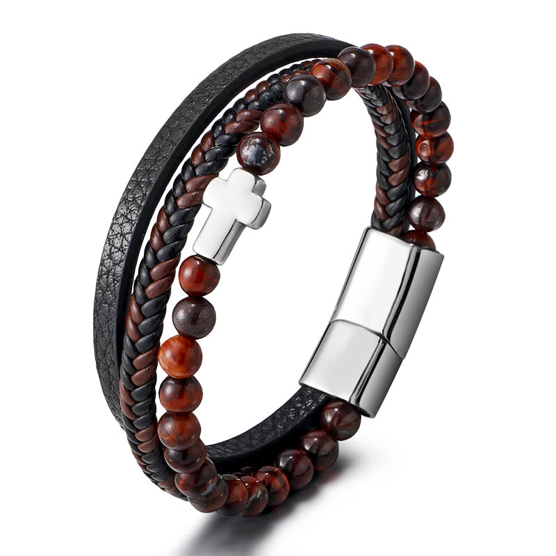 Bracelet en cuir tressé en acier inoxydable avec croix en œil de tigre Olivenorma - Oeil de tigre rouge et croix d'argent - image 3