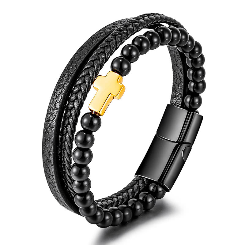 Bracelet en cuir tressé en acier inoxydable avec croix en œil de tigre Olivenorma - Obsidienne et croix dorée - image 7