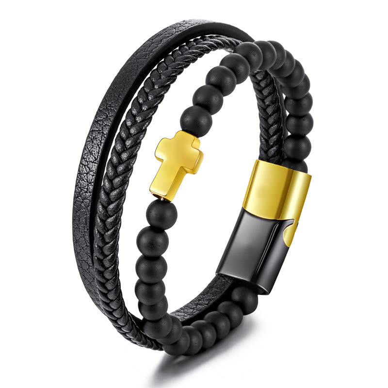 Bracelet en cuir tressé en acier inoxydable avec croix en œil de tigre Olivenorma - Onyx noir et croix dorée - image 10