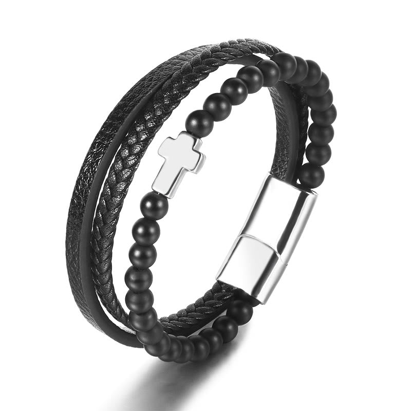 Bracelet en cuir tressé en acier inoxydable avec croix en œil de tigre Olivenorma - Onyx noir et croix en argent - image 11