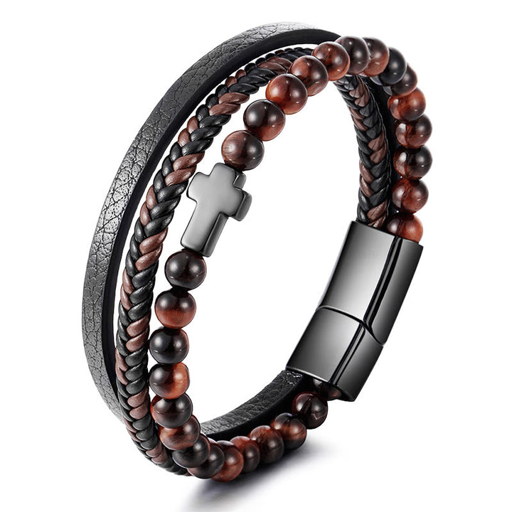 Bracelet en cuir tressé en acier inoxydable avec croix en œil de tigre Olivenorma - Œil de tigre rouge et croix noire argentée - image 1