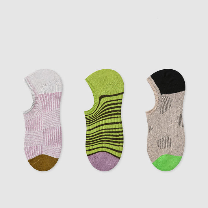 Chaussettes de fitness Olivenorma (lot de 3 paires) légères, respirantes et extensibles en coton adhérent, idéales pour le Pilates, le barre, le yoga et le confort au quotidien. - Rayures violettes/vertes/gris - image 2
