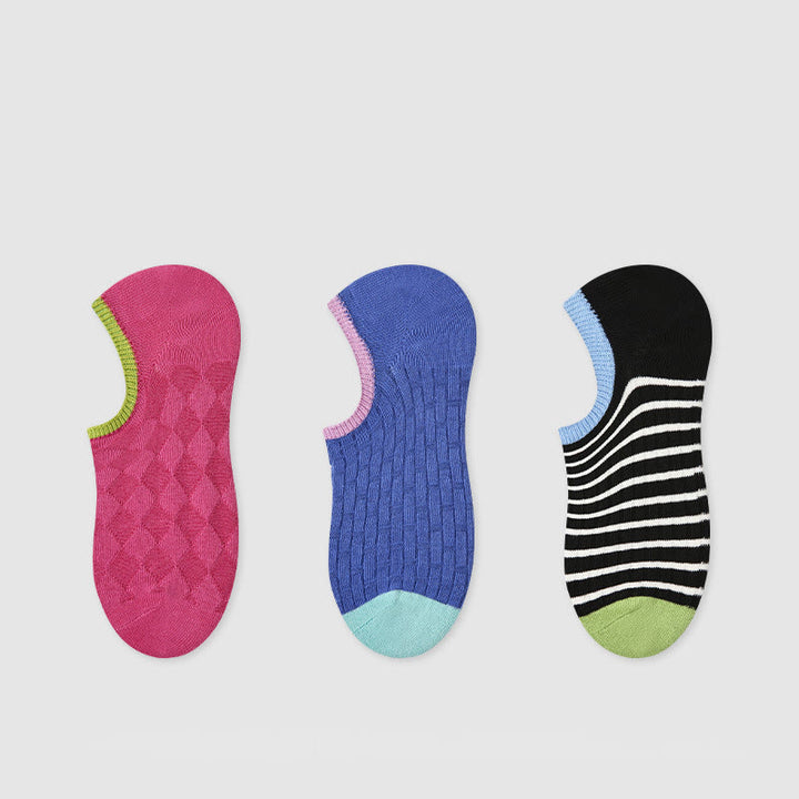 Chaussettes de fitness Olivenorma (lot de 3 paires) légères, respirantes et extensibles en coton adhérent, idéales pour le Pilates, le barre, le yoga et le confort au quotidien. - Rayures rose rouge/bleu/noir et blanc - image 1