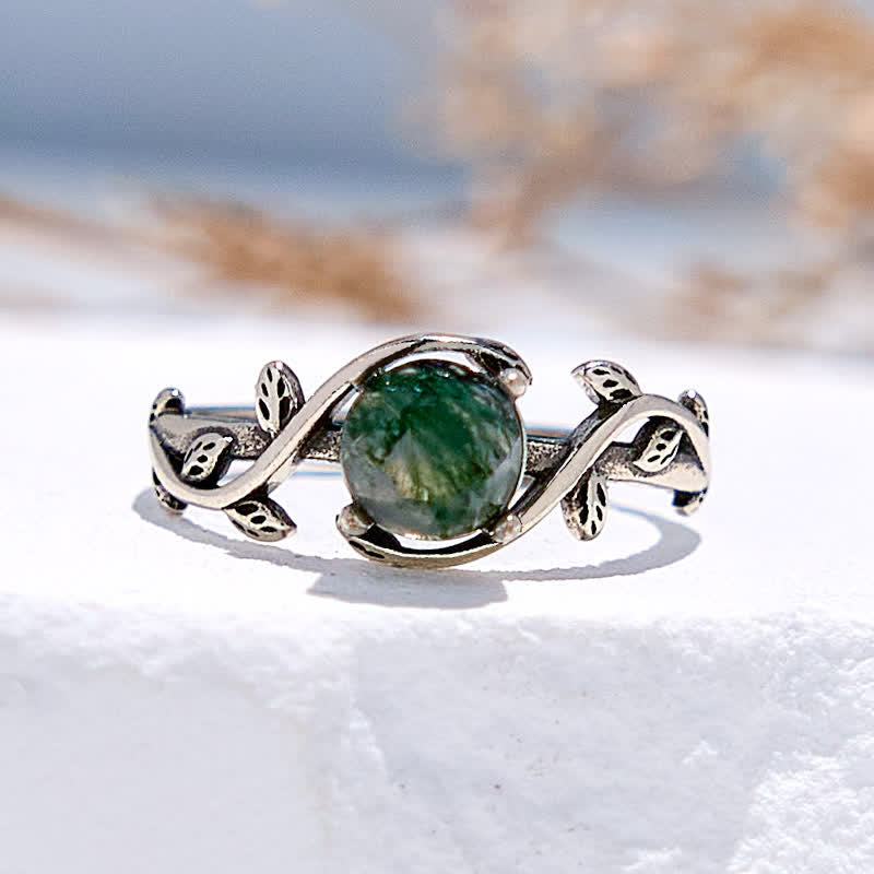 Bague en agate mousse taillée ronde avec feuille d'olivenorma - Bague US 11 - image 0