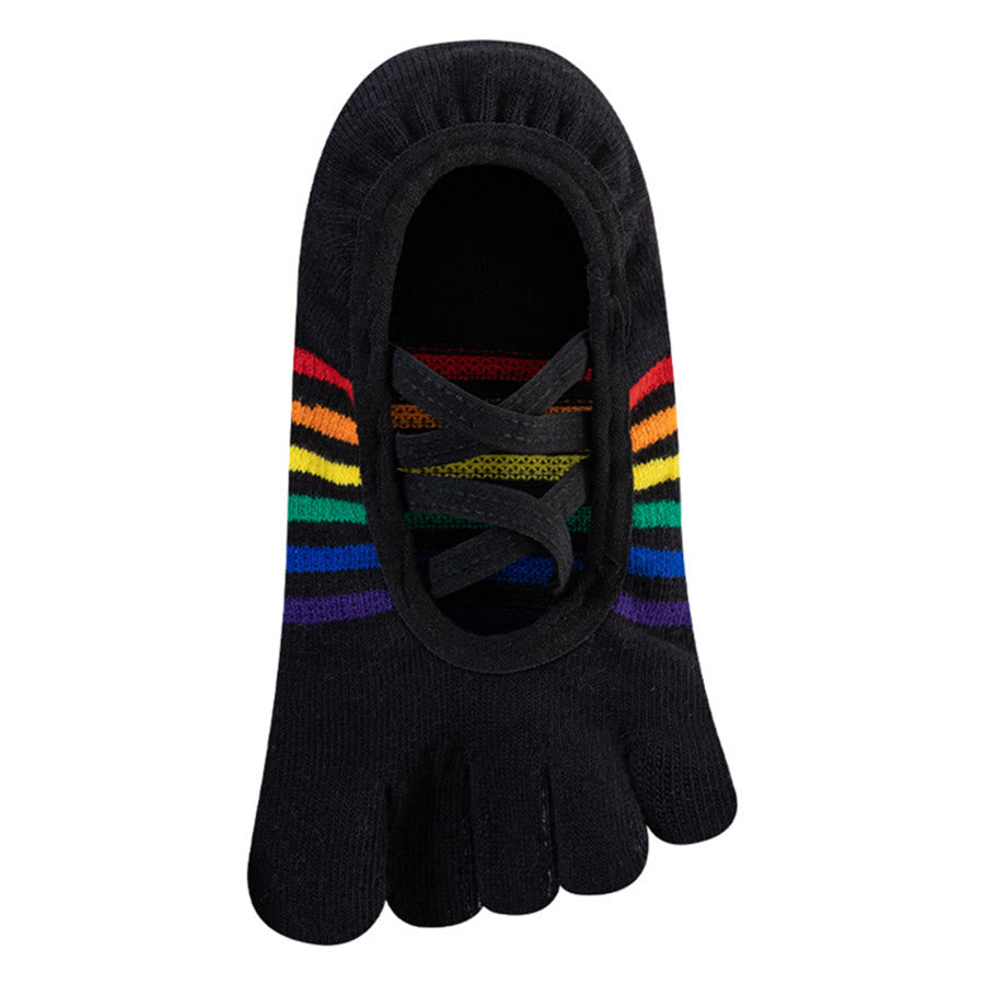 Chaussettes de yoga pour femmes Olivenorma à brides croisées, dos nu, cinq orteils, color-block arc-en-ciel, antidérapantes et respirantes - Noir - 10 paires - image 3