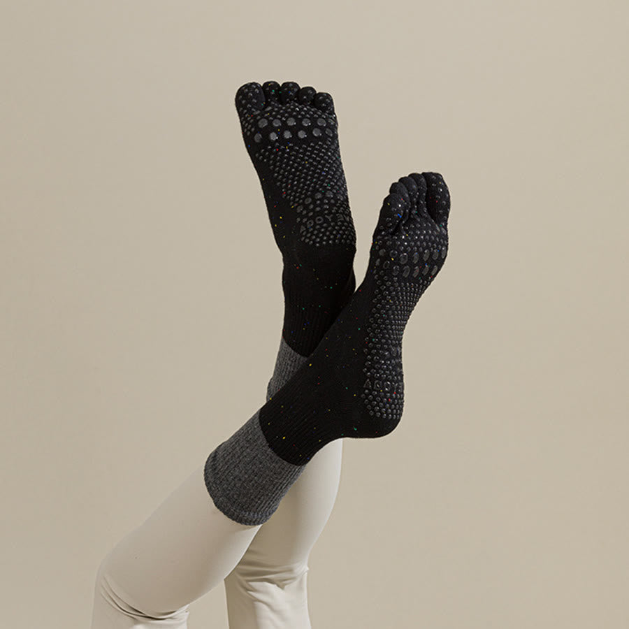 Chaussettes de yoga Olivenorma mi-mollet en coton respirant à motif floral, antidérapantes et élégantes pour femmes - Gris noirâtre - 10 paires - image 11