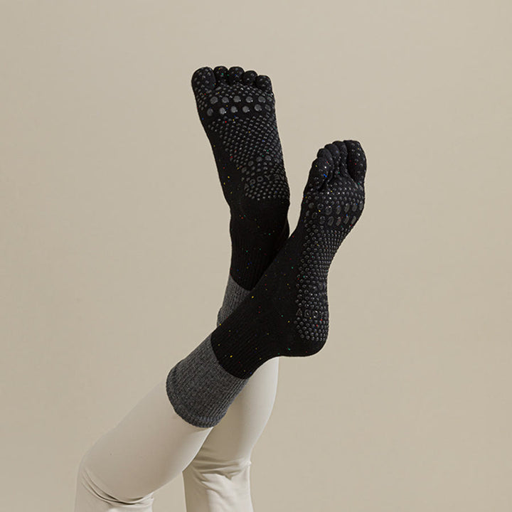 Chaussettes de yoga Olivenorma mi-mollet en coton respirant à motif floral, antidérapantes et élégantes pour femmes - Gris noirâtre - 10 paires - image 11