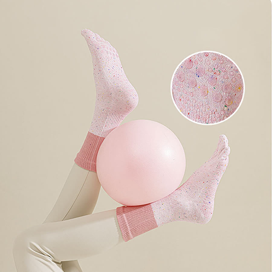Chaussettes de yoga Olivenorma mi-mollet en coton respirant à motif floral, antidérapantes et élégantes pour femmes - Racine de lotus rose - 10 paires - image 0