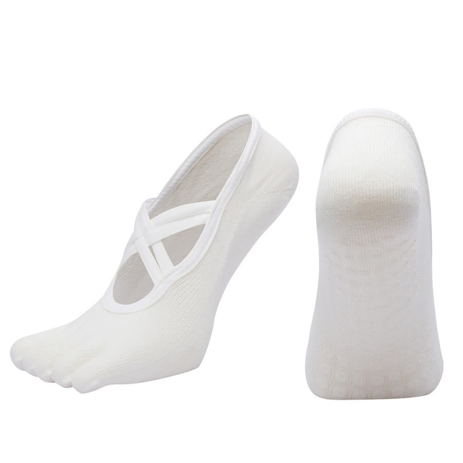 Chaussettes de yoga Olivenorma à cinq orteils, en coton antidérapant, avec brides croisées, pour femmes, idéales pour le Pilates et la barre d'entraînement. - Blanc - bout fermé - 10 paires - image 5