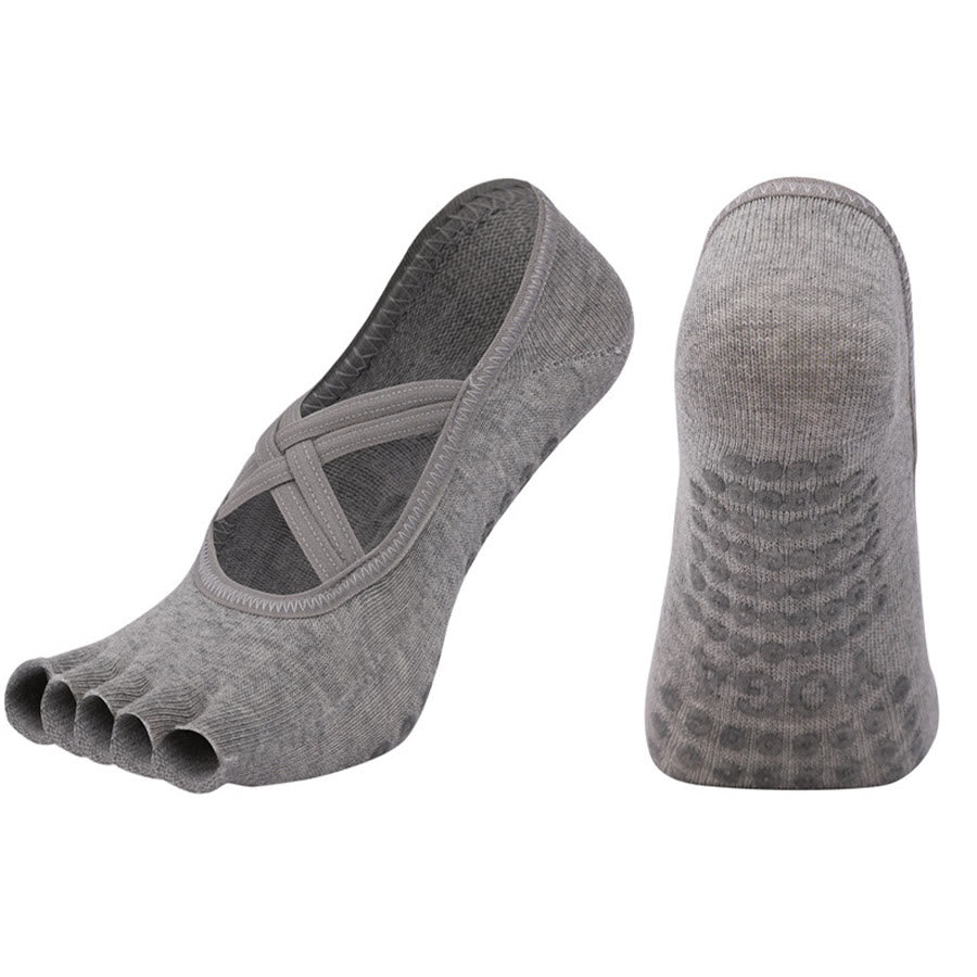 Chaussettes de yoga Olivenorma à cinq orteils, en coton antidérapant, avec brides croisées, pour femmes, idéales pour le Pilates et la barre d'entraînement. - Gris - bout ouvert - 10 paires - image 26
