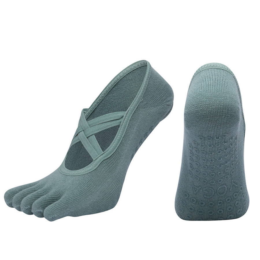 Chaussettes de yoga Olivenorma à cinq orteils, en coton antidérapant, avec brides croisées, pour femmes, idéales pour le Pilates et la barre d'entraînement. - Vert foncé - bout fermé - 10 paires - image 9