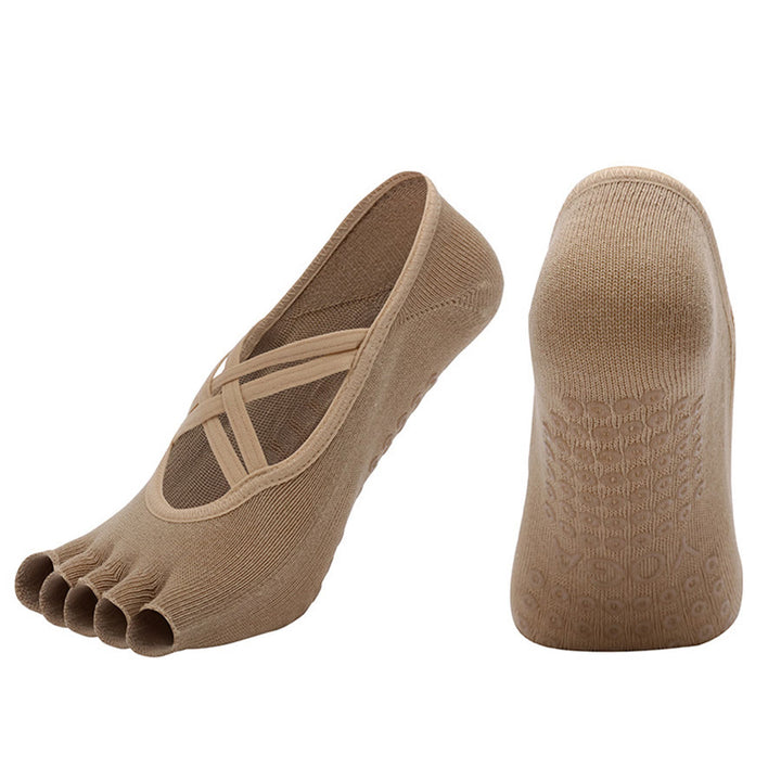 Chaussettes de yoga Olivenorma à cinq orteils, en coton antidérapant, avec brides croisées, pour femmes, idéales pour le Pilates et la barre d'entraînement. - Kaki - bout ouvert - 10 paires - image 28