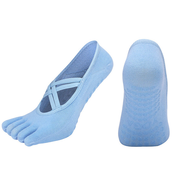 Chaussettes de yoga Olivenorma à cinq orteils, en coton antidérapant, avec brides croisées, pour femmes, idéales pour le Pilates et la barre d'entraînement. - Bleu clair - bout fermé - 10 paires - image 3