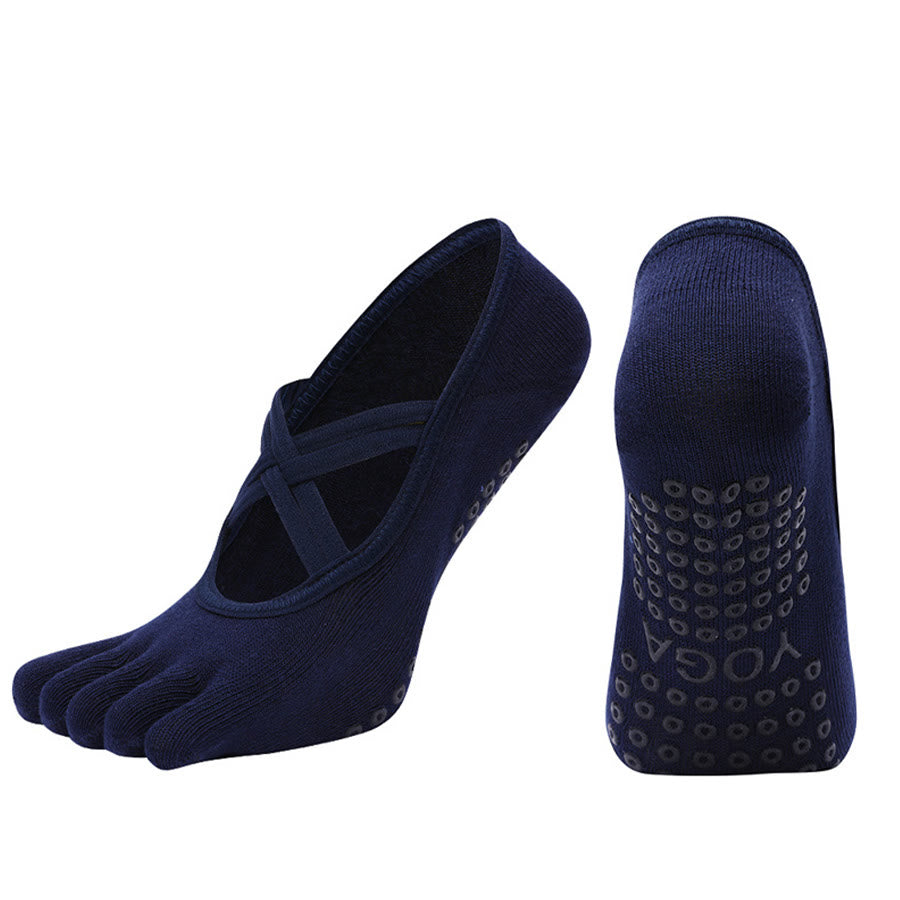Chaussettes de yoga Olivenorma à cinq orteils, en coton antidérapant, avec brides croisées, pour femmes, idéales pour le Pilates et la barre d'entraînement. - Bleu marine - bout fermé - 10 paires - image 12