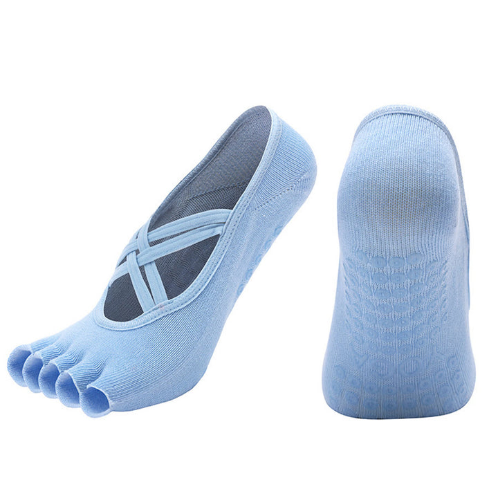 Chaussettes de yoga Olivenorma à cinq orteils, en coton antidérapant, avec brides croisées, pour femmes, idéales pour le Pilates et la barre d'entraînement. - Bleu clair - bout ouvert - 10 paires - image 32