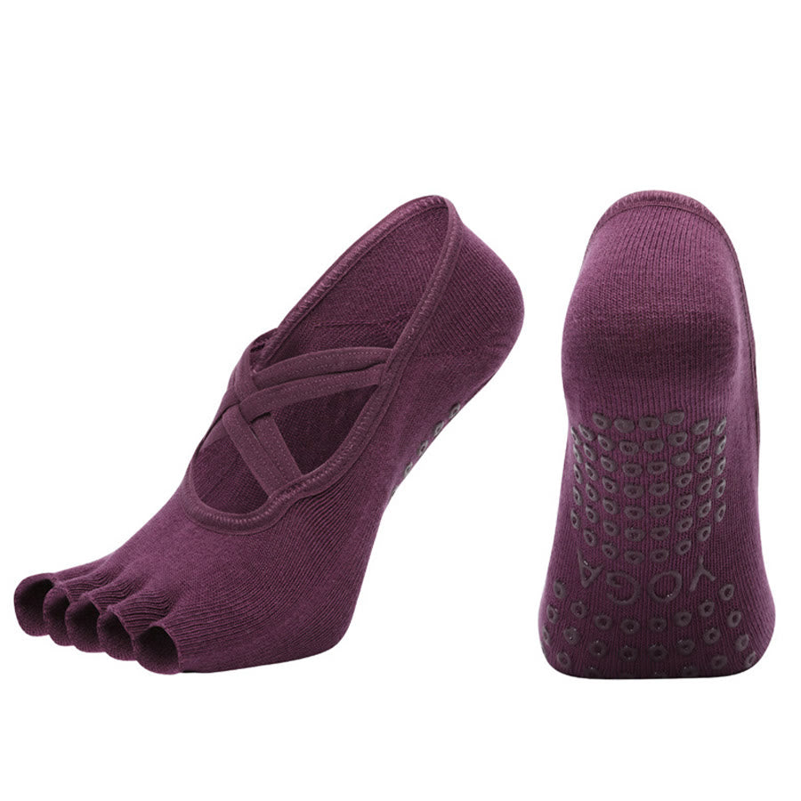 Chaussettes de yoga Olivenorma à cinq orteils, en coton antidérapant, avec brides croisées, pour femmes, idéales pour le Pilates et la barre d'entraînement. - Violet profond - bout ouvert - 10 paires - image 29